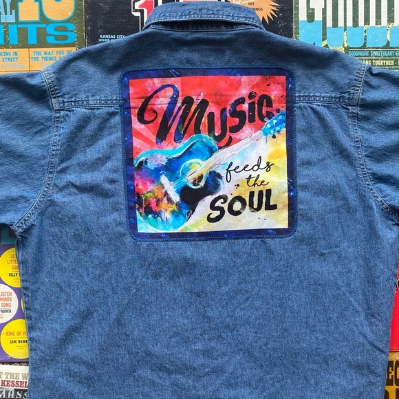 Custom Upcycled Vintage Denim Shirt W/ Music Feeds The Soul Embroidered Patch - Picture 3 of 16